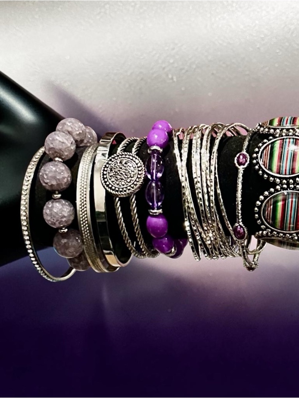Boho Purple Beaded & Silver Bracelet Stack Layered Set Sparkle Statement Gift